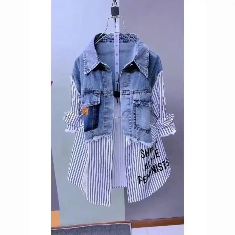Women'S Fashion Denim Jacket - Chaqueta de mezclilla a rayas de