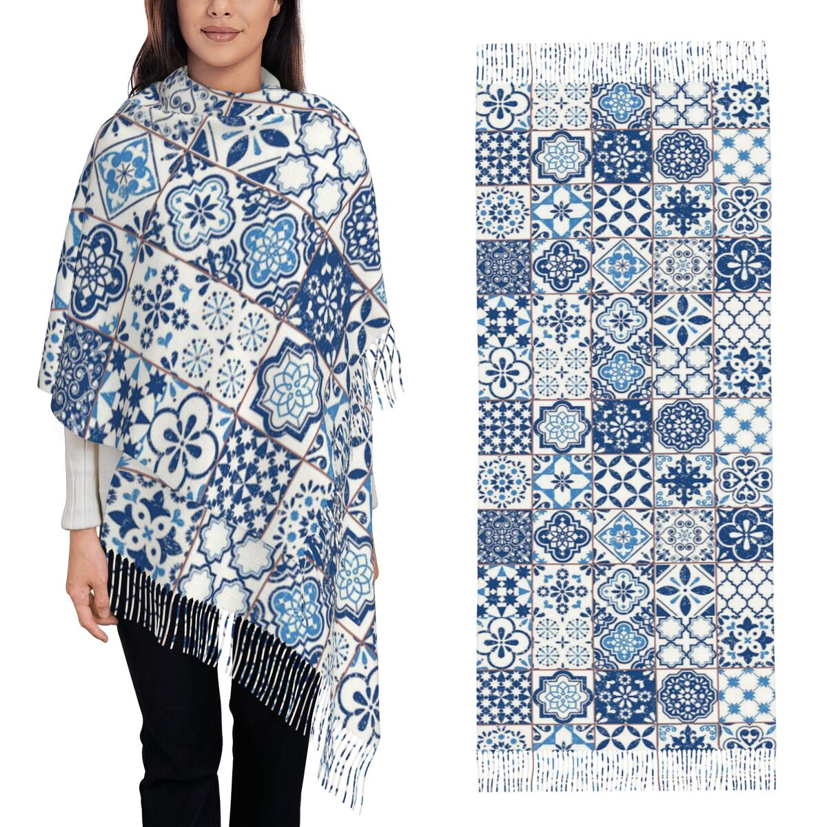 Women'S Fashion Portugal - Azulejo portugués azul, bufanda de flores